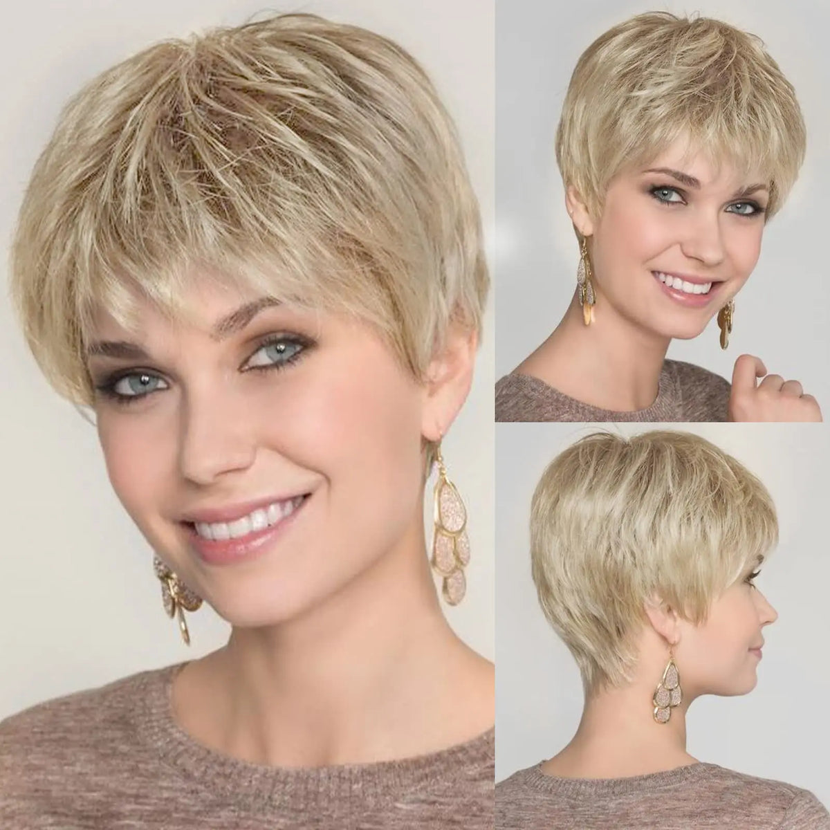 Short Pixie Cut Ash Blonde Wigs for Women with Bangs Blonde Natural Layered Blend Hair Kanekalon Human Hairs Like Texture Wigs