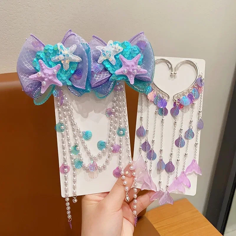Baby Girls Cute Mermaid Princess Pearl Tassel Bow Forehead Chain Hair Clip Children Hair Accessories Girls Super Hair Clip TM04
