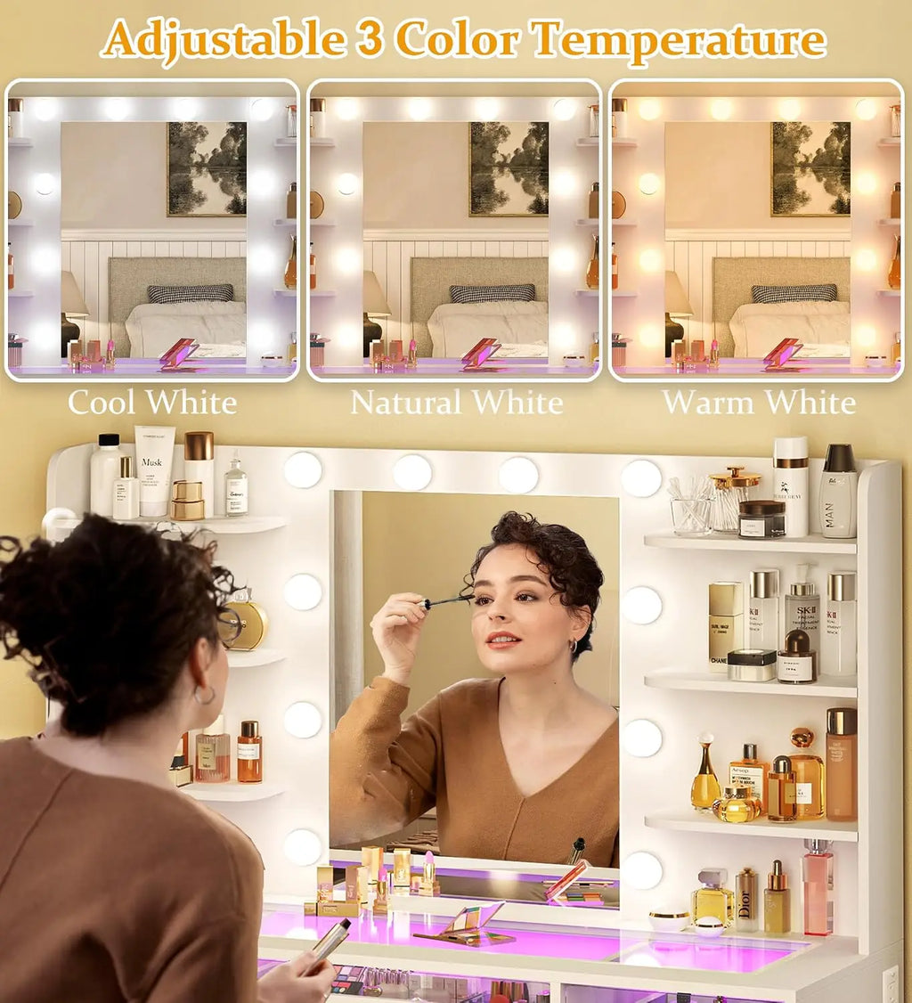 Makeup Vanity Desk with Mirror and Lights 3 Colors, Transparent Top with 3 RGB Drawers, 6 Shelves, Customized
