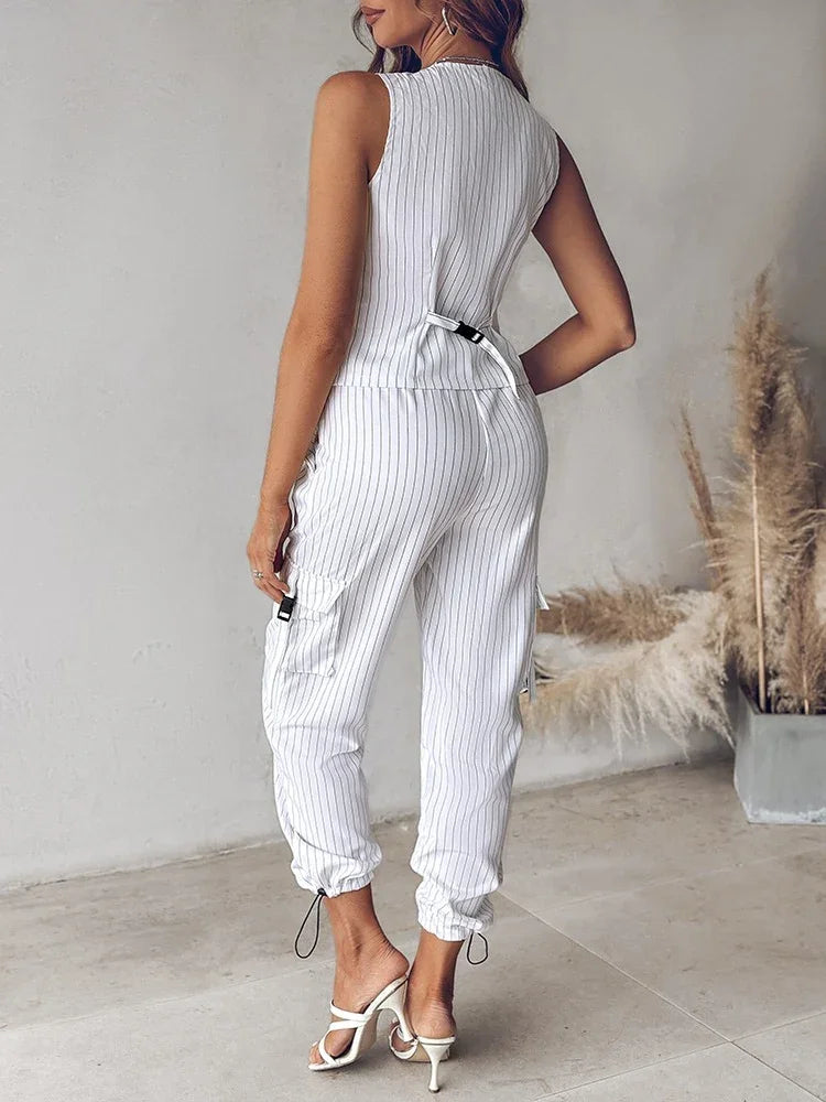 Office Lady Two Piece Set Women Outfit 2025 Summer Fashion Striped V-Neck Sleeveless Vest Top & Ccasual Daily Cuffed Pants Sets