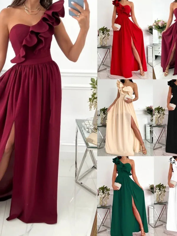 Elegant Long Single Shoulder Dress Women's Fashionable Slimming Evening Gown Versatile Daily Commute Dress Modern Style Summe...