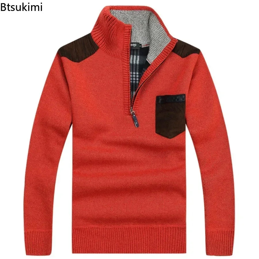 Men's Winter Sweaters Stand Collar Half Zipper Knitted Fleece Pullovers Long Sleeve Pocket Casual Jumper Thick Clothing for Men