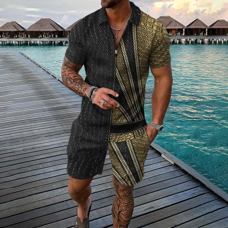 Men's Clothing Tracksuit Sets 3D Print Color Squares Pattern Casual Zipper Polo Shirt And Shorts 2pcs Sets Trend Streetwear Man