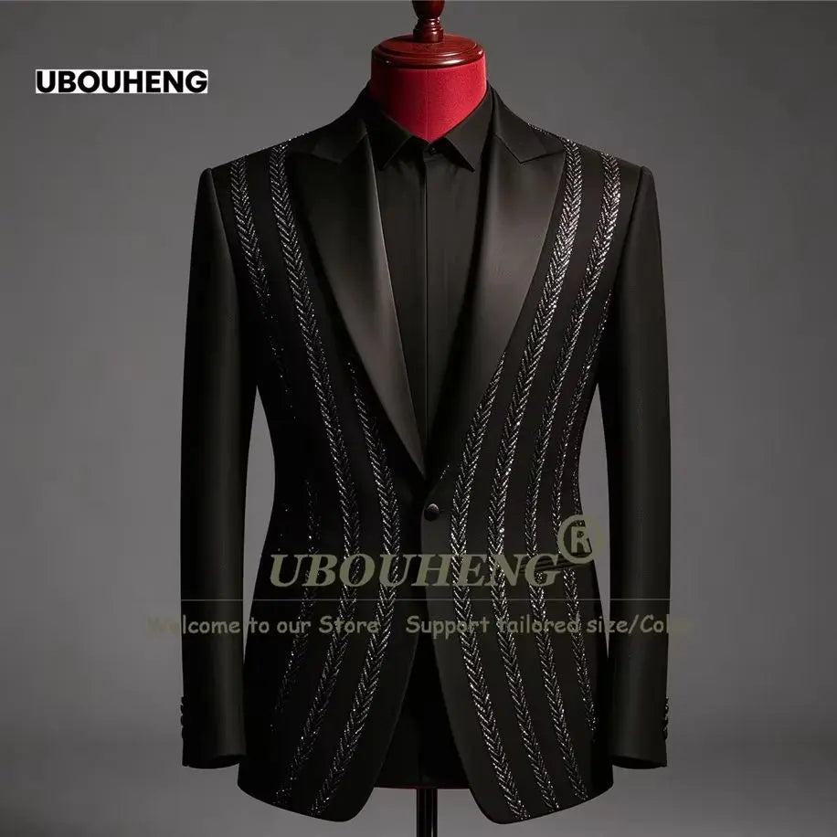 Man Ceremony Suit Set For Wedding Black Stones Beaded Jacket Pants 2 Pieces Single Breasted Groom Tuxedo Customized Male Clothes