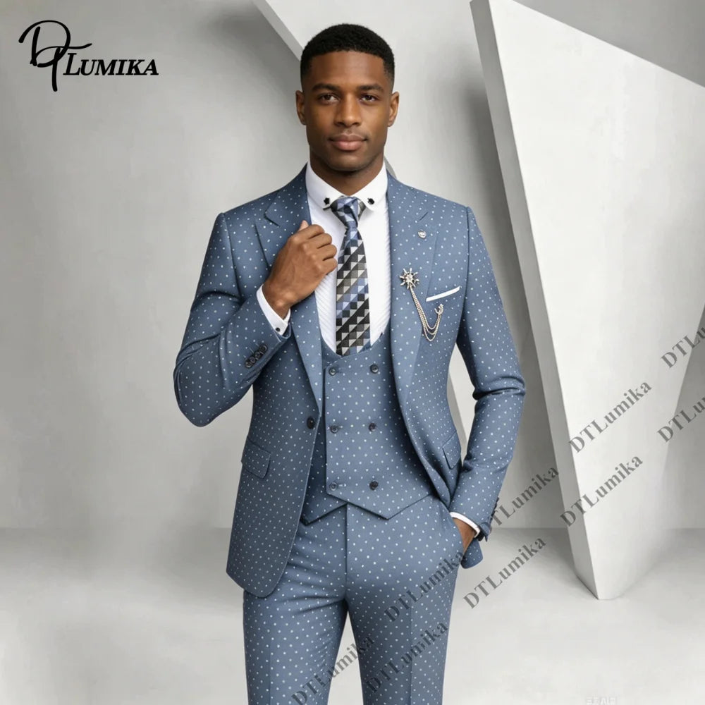 Herrenanzug mit Punkten, 3-teilig – gepunktetes Sakko, Weste und Hose, maßgeschneidert, für Hochzeit, Business, Abschlussball, Bankett und formelle Anlässe, Smoking-Style