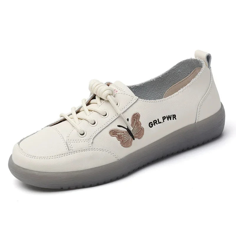 ENJOYOU Genuine Leather White Sneakers For Women - New Spring Collection, Featuring A Durable Rubber Outsole, Soft Sole, Lightwe