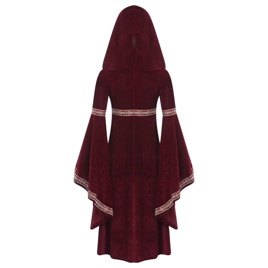 Girls Enchanting Medieval Princess Gown with Embroidered Velvet Trim And Trumpet Sleeves Dress for Halloween Cosplay Events