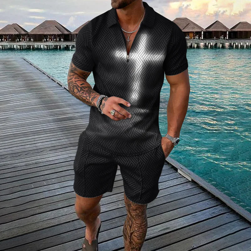 Men's Clothing Tracksuit Sets 3D Print Color Squares Pattern Casual Zipper Polo Shirt And Shorts 2pcs Sets Trend Streetwear Man