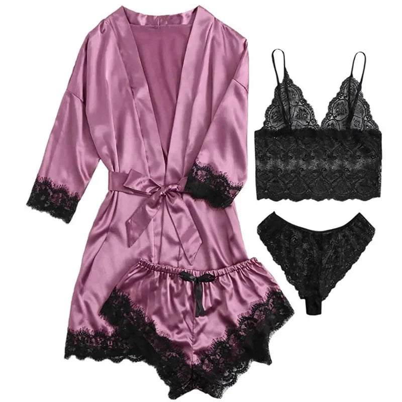 Women 4 Piece Sleepwear Pajamas Set Sexy Lace Robe Lingerie Silk Satin Bathrobe Home Nightwear Clothes
