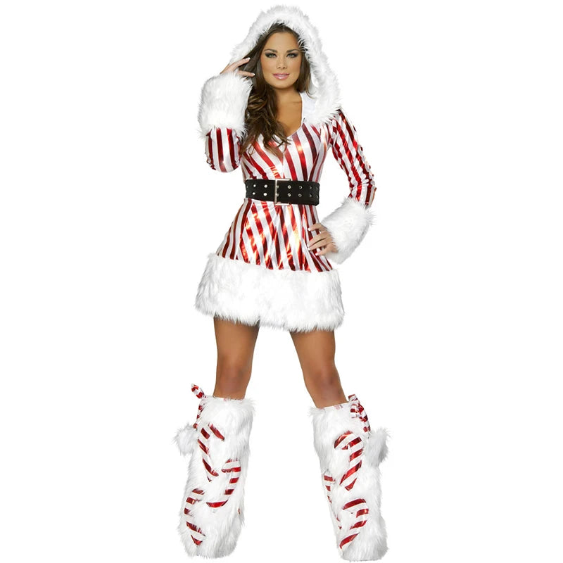 New Women Christmas Hooded Dress 3Pcs Up Winter Velvet Striped Mrs Claus Santa Cosplay Costume Xmas Holidays Party Fancy Dress