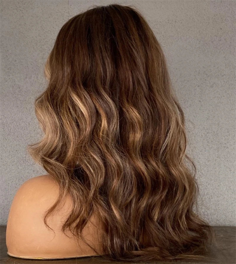 High Quality Synthetic Wig 13x4 Balayage Ombre Brown Blonde Wig with Dark Roots Synthetic Mix Human Hair Wig Preplucked Hairline