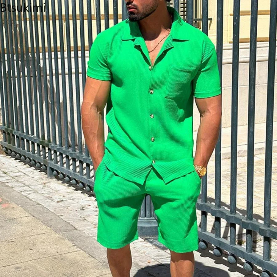 2026 Men's Summer Casual Shorts Sets Solid Mens Short Sleeve Buttoned Lapel Shirts + Shorts Sets Two Piece Streetwear Sets Male