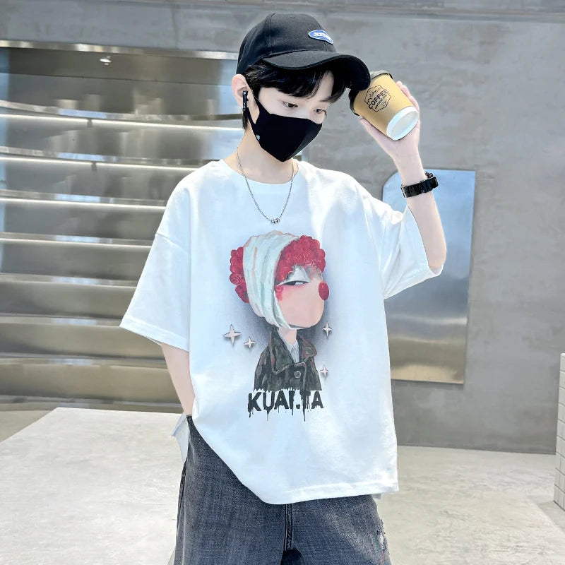 Kids Boys T-Shirt Summer Cotton Tops Teenager Cartoon Pattern Loose Fashion Tees Tshirts Short Sleeve Child Tee Tops Clothing