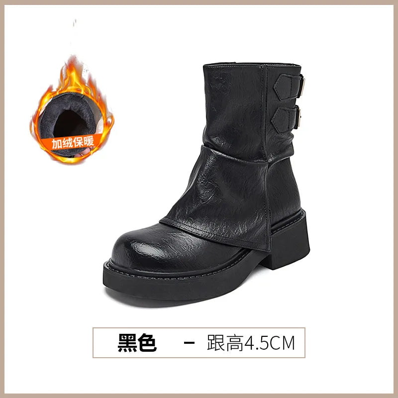 Womens Western Cowgirl Boots Autumn Winter New Waterproof Thick Bottom Casual Shoes Fashion Versatile Women's Short Boots Mujer