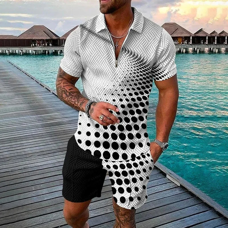 Men's Clothing Tracksuit Sets 3D Print Color Squares Pattern Casual Zipper Polo Shirt And Shorts 2pcs Sets Trend Streetwear Man