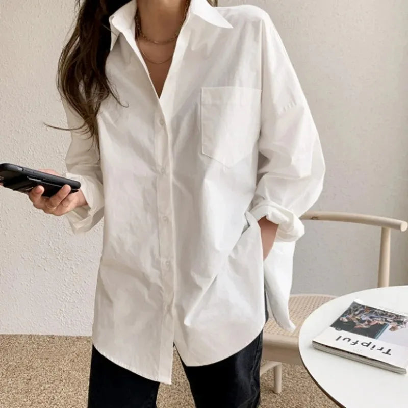 2026 Office Lady Elegant White Casual Plus Size Blouses Fashion New Cotton Long Sleeve Women Shirt Turndown Collar Tops