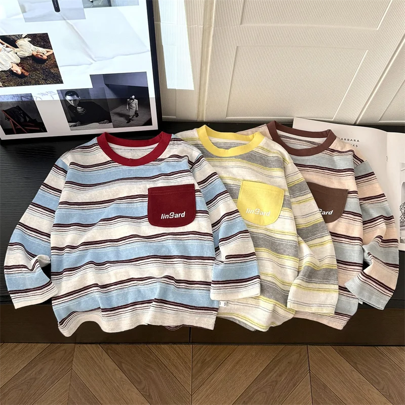 Kids Long Sleeve T-shirt New Retro Striped Cotton Shirt Spring Autumn Casual Top With Pocket for Baby Toddler Boys Girls