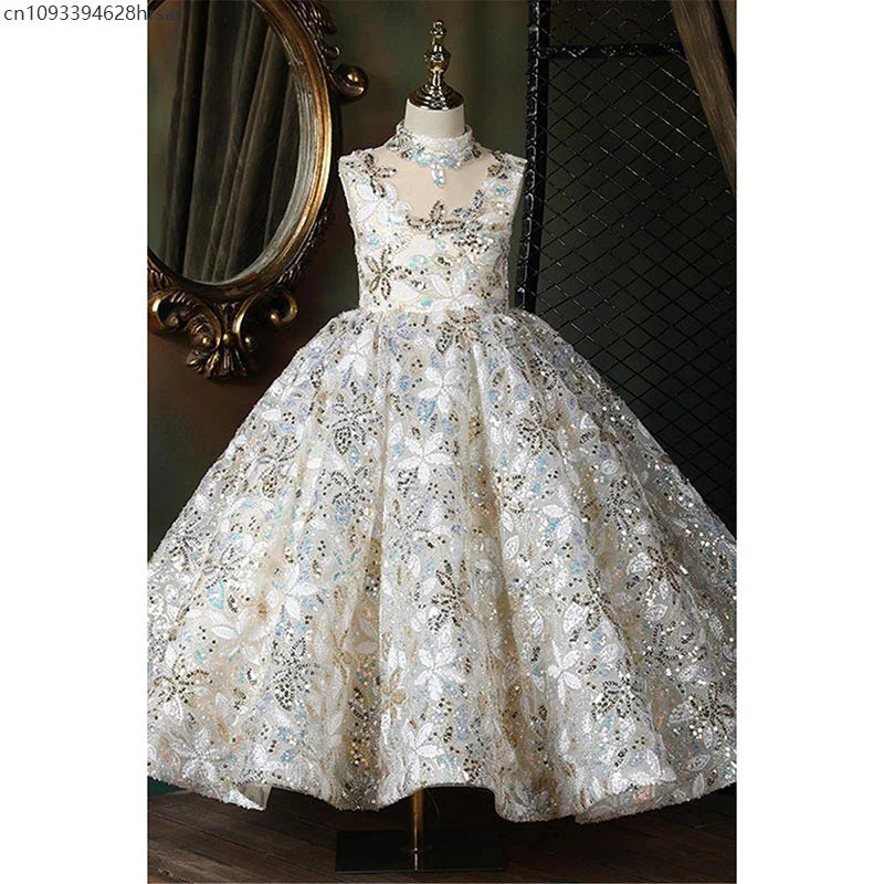 Girls Birthday Party Sleeveless Dress Sequin Flower Evening Dresses Piano Model Catwalk Performance Costumes Ball Gown