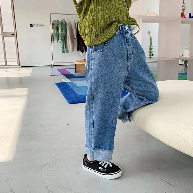 Spring Summer Autumn Kids Crimped Wide Leg Jeans Girls Loose Thin Denim Pants Children Fashion Casual Trousers 2-10 Years Girl