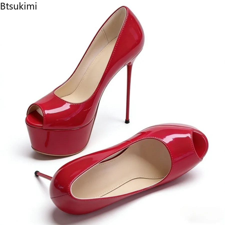 Women's Sexy Shallow High-heeled Shoes with Exposed Toe Shiny Surface Party Dress Shoes Elegant British Style Dinner Party Shoes