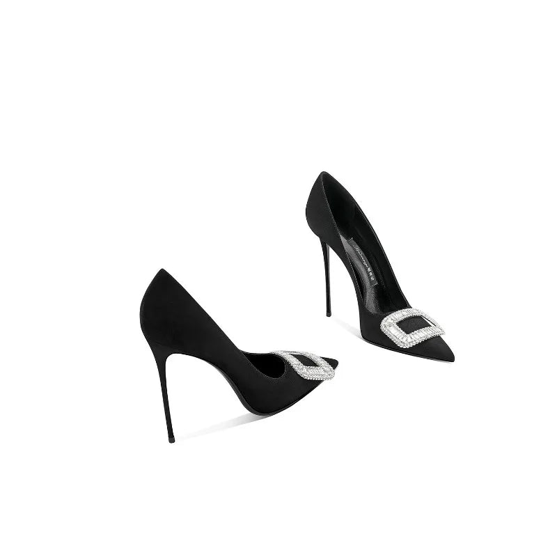 Wine Red High Heels for Women in Autumn, Slim Heels, Elegant Temperament, Square Buckle, Pointed Toe, Perfect Single Shoes for a