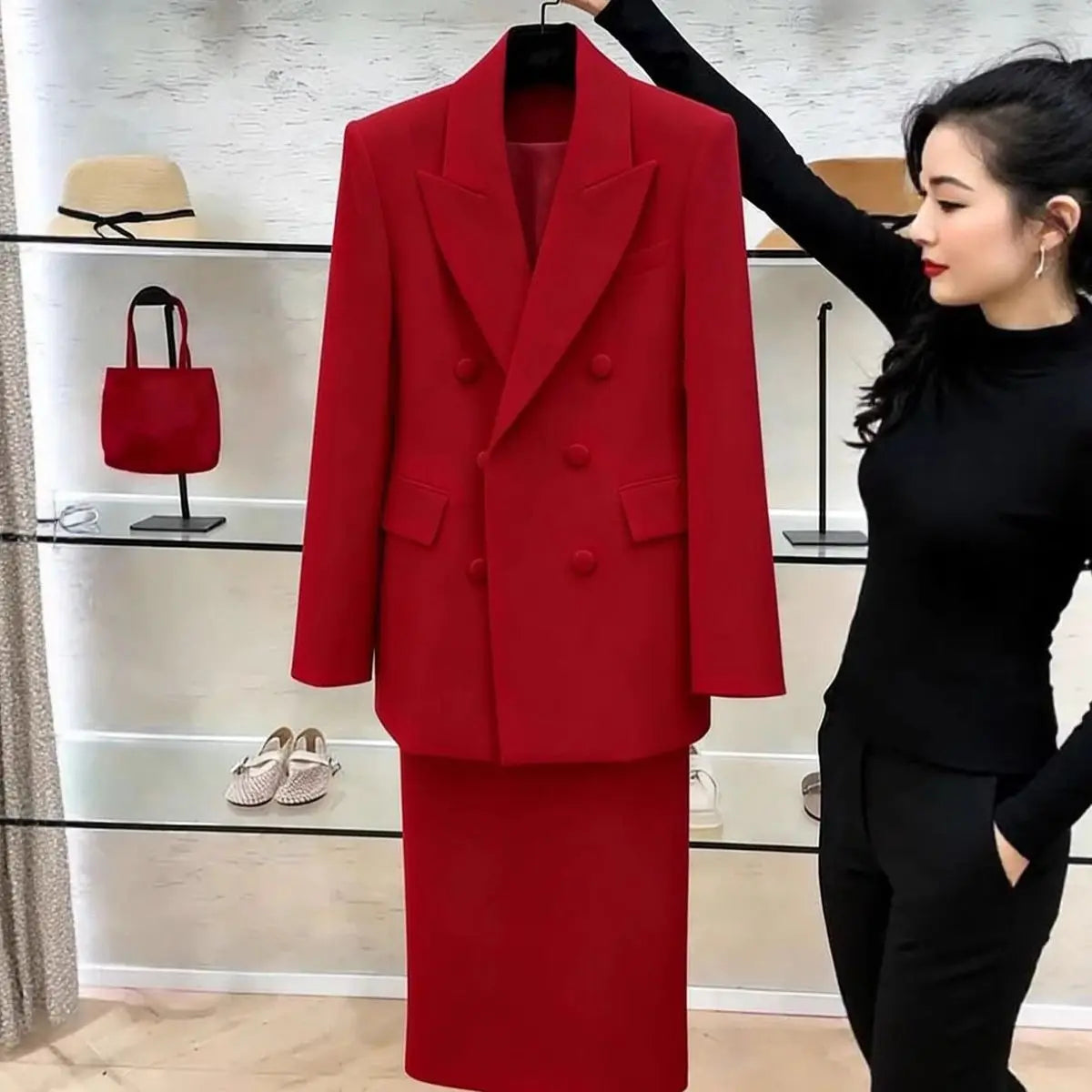 Weißer Blazeranzug mit Rock für Damen, Frühjahr/Herbst 2026, elegantes Business-Outfit: formeller Zweiteiler mit Rock, 2-teiliges Damen-Ensemble