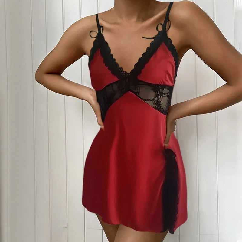 Night Wear Woman Sexy Suspend-Lace Low-Neck Nightdress Solid Color Breathable Sexy Night Lingeries Women Pajamas Dress Romantic