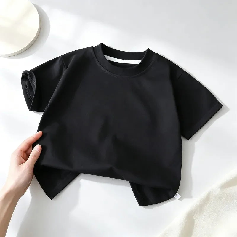 Kids Cotton Short Sleeve T-shirt Boys Girls Summer Baby Tops White Black Solid Color Children Casual Tees 0-8Years Child Clothes
