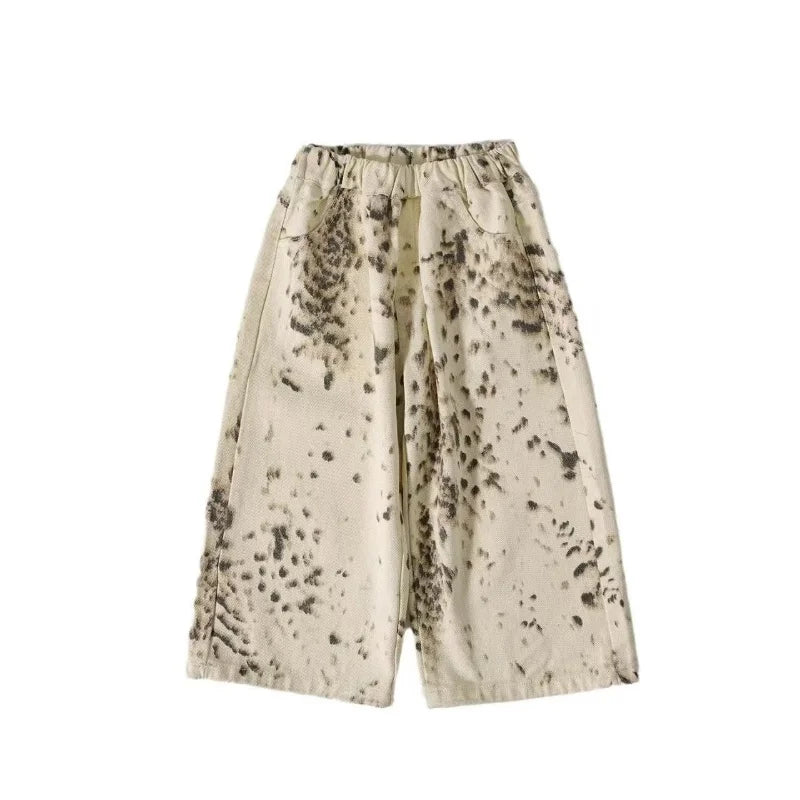 Korean Style  Boys Jeans Spring Autumn Kids Apricot Leopard Print Casual Wide Leg Pants Children Versatile Trousers 3-11Y