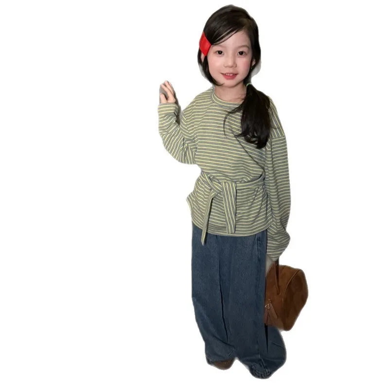 Children's T-shirt 2026 spring Autumn Korean striped casual base shirt for girls, children's long sleeved top with tie up