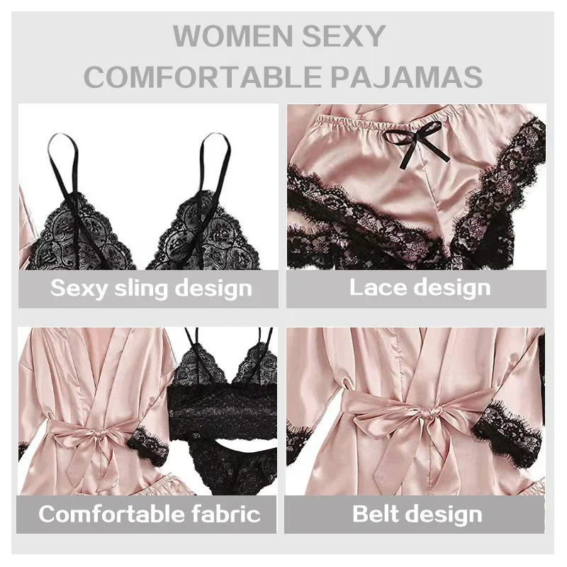 Women 4 Piece Sleepwear Pajamas Set Sexy Lace Robe Lingerie Silk Satin Bathrobe Home Nightwear Clothes