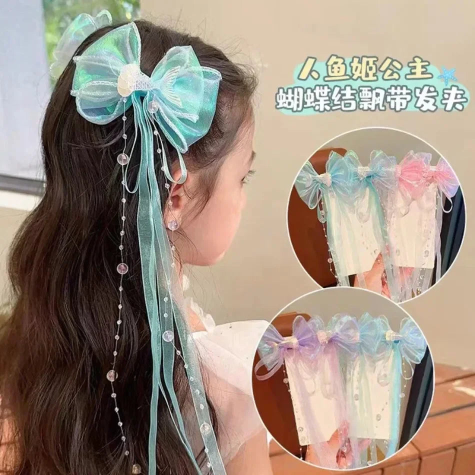 Baby Girls Cute Mermaid Princess Pearl Tassel Bow Forehead Chain Hair Clip Children Hair Accessories Girls Super Hair Clip TM04