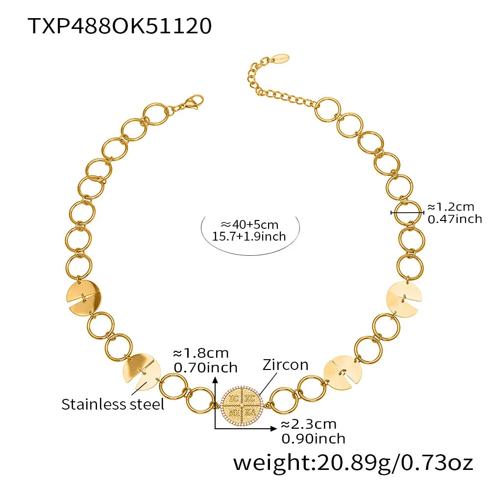 316 Stainless Steel Gold-Plated Large Circular Chain Necklace Choker Women's Shiny Round Zircon Golden Bracelet Jewelry Set