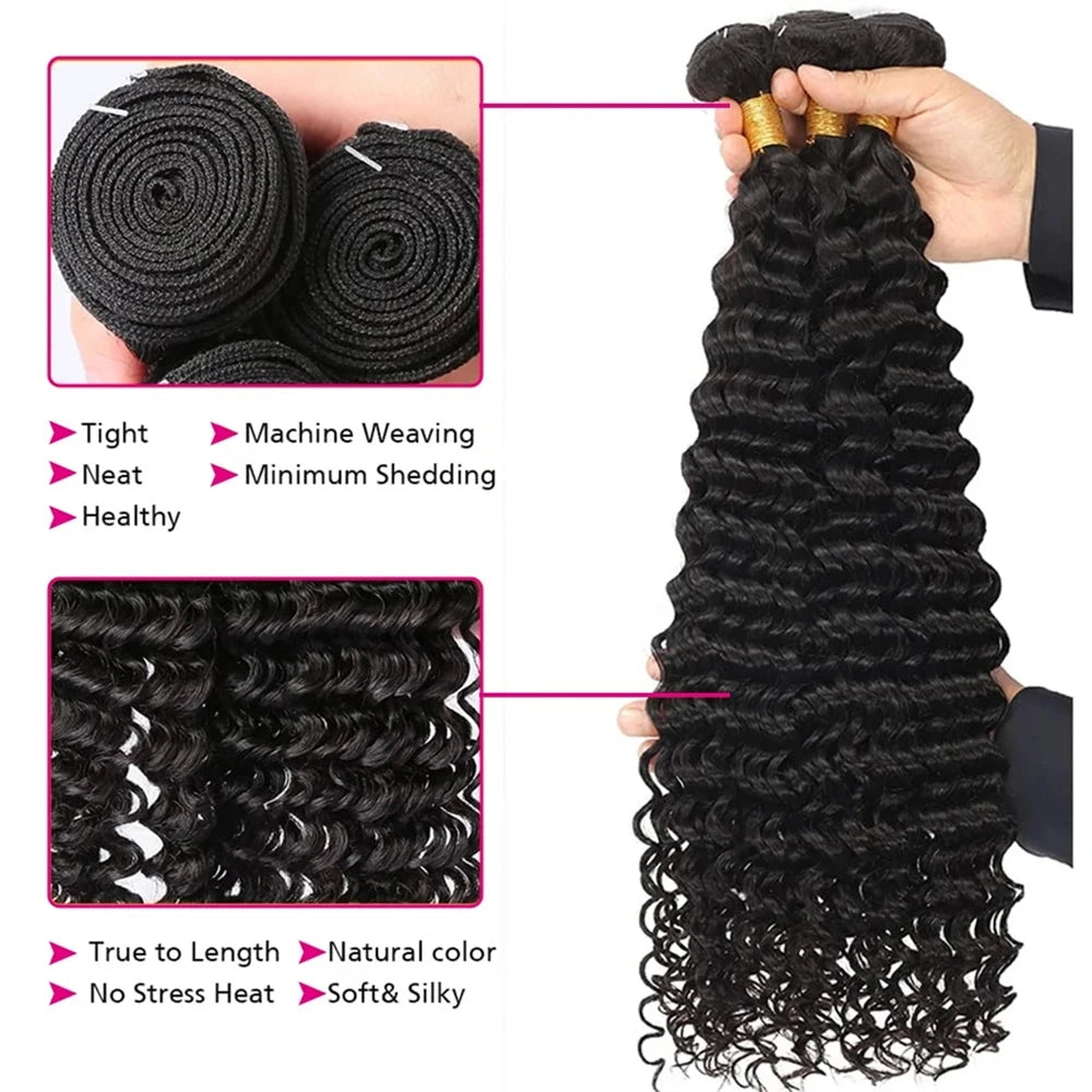 Deep Water Wave Bundles With Closure Frontal Unprocessed Raw 100% Human Hair Full And Thick 3 Bundles With 13x4 Lace Frontal