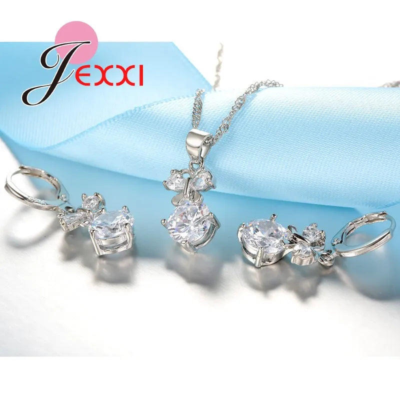 Elegant Women Jewelry Set For Wedding Accessory Pendant Necklaces Earring 925 Sterling Silver Jewellery Sets For Women