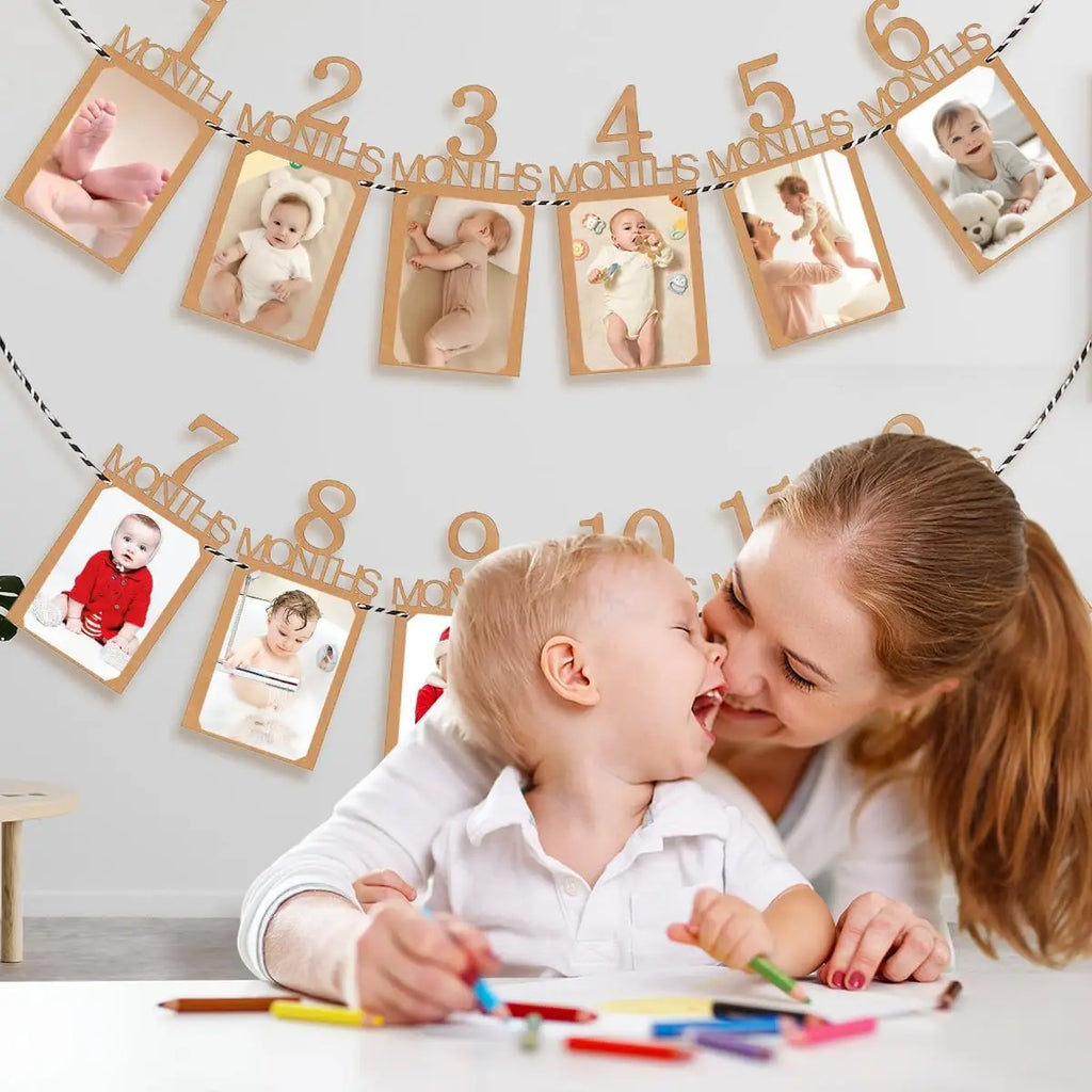 Baby First Birthday Banner, kraft Paper Growth Record 1-12 Month Photo Props Baby Boy Girl Party Decoration Supplies