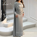 Elegant Modest Evening Dress for Women O-Neck Gathered Pleated Cape Long Sleeve Stretch Jersey Mermaid Floor Length Formal Gown