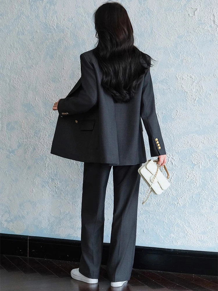 Trendiger Hosenanzug für Damen im Business-Look mit fallendem Revers, zweiteilig, Herbst/Winter 2024 – neue klassische Mode, locker geschnitten und vielseitig kombinierbar