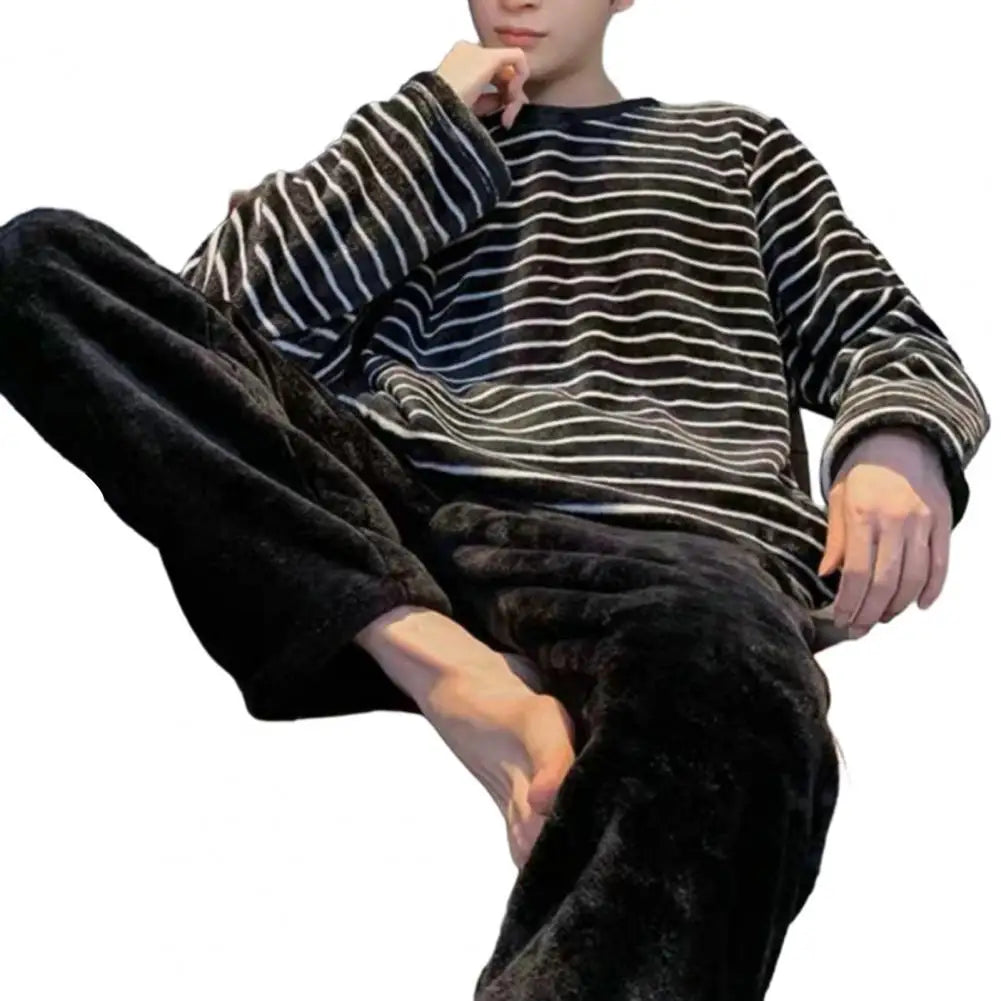 Men Pajamas Cozy Men's Winter Pajama Set Striped Round Neck Thick Coral Fleece Elastic Waist Warm Homewear Sleepwear for Fall