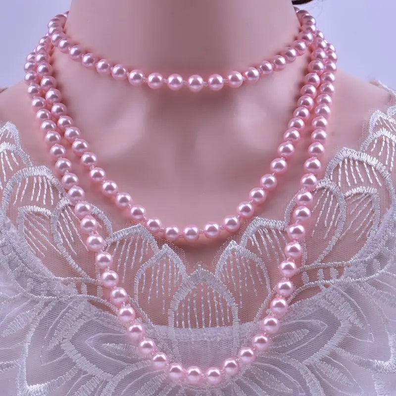 1.5m -8mm fashion glass imitation pearl necklace women's simple knot multi-layer long sweater chain clothing accessories 2021