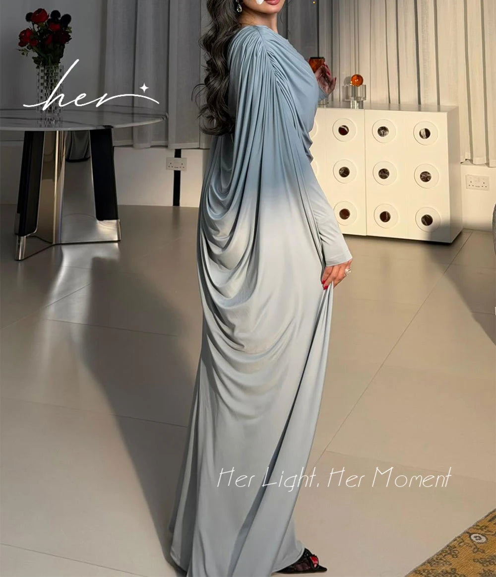 Elegant Modest Evening Dress for Women O-Neck Gathered Pleated Cape Long Sleeve Stretch Jersey Mermaid Floor Length Formal Gown