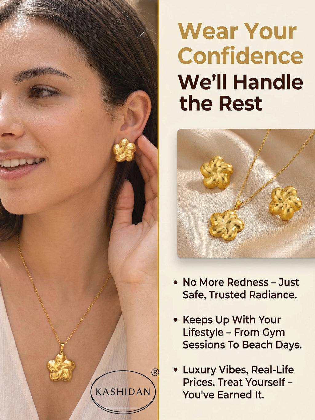Fashion Stainless Steel Jewelry Set for Women 3D Chunky Flower Pendant Necklace Smooth Floral Stud Earrings Bijoux
