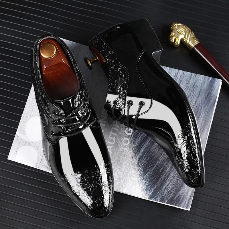 Shoes for Men Casual Business Dress Shoes Lace Up Formal Black Patent Leather Brogue Shoes for Male Wedding Party Office Oxfords
