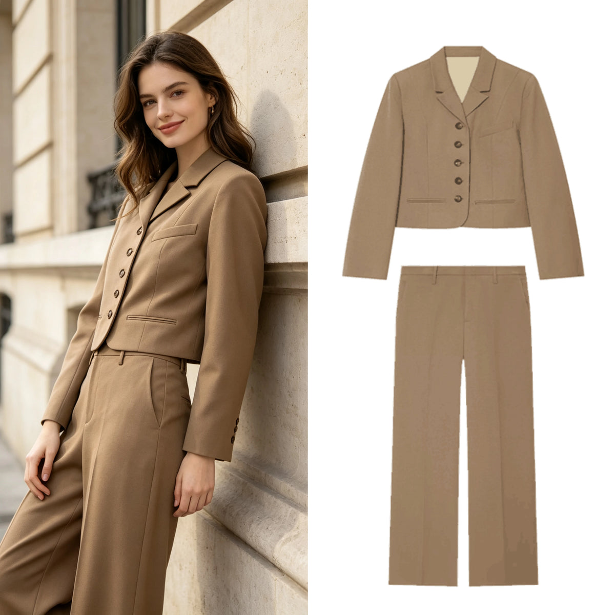 Women's Pants Blazer Set Autumn New Fashion Long Sleeve Buttons Short Top Mid-waist Wide-leg Pants Casual Simple 2 Piece Set