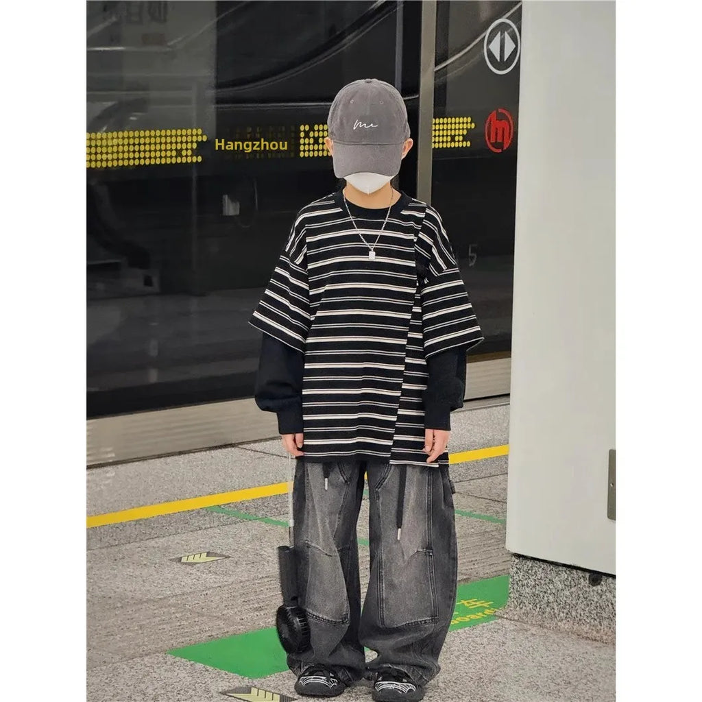 Pure Cotton Sweatshirt for Kids Loose Fit Korean Style T-Shirt Polyester Blend Summer Thin Sleeveless round Neck Unisex