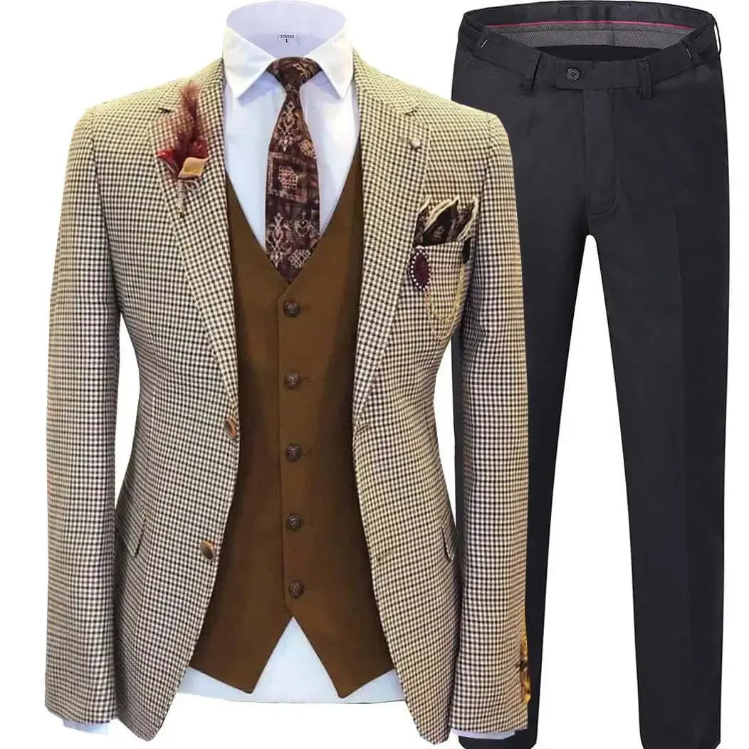 Men wedding Suits Prom Tuxedos Wool Blend Plaid Slim fit Vintage Checked Suit Groomsmen For Wedding (Blazer+Vest+Pants)