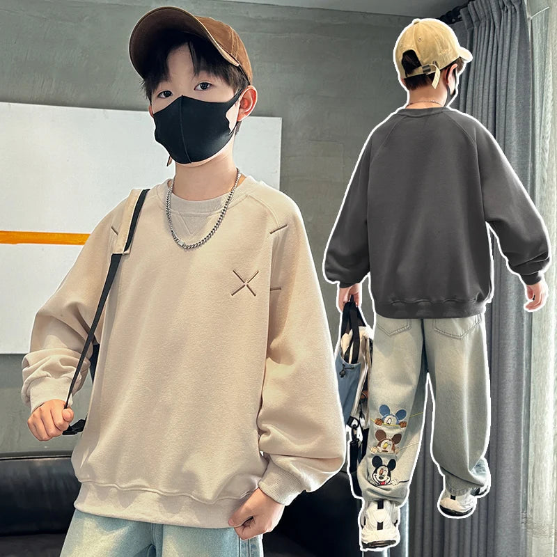 Children Brief Style Hoodie Sweatshirt for Boys European and American Street Fashion Clothing Kids Retro Simple Pullover Tops