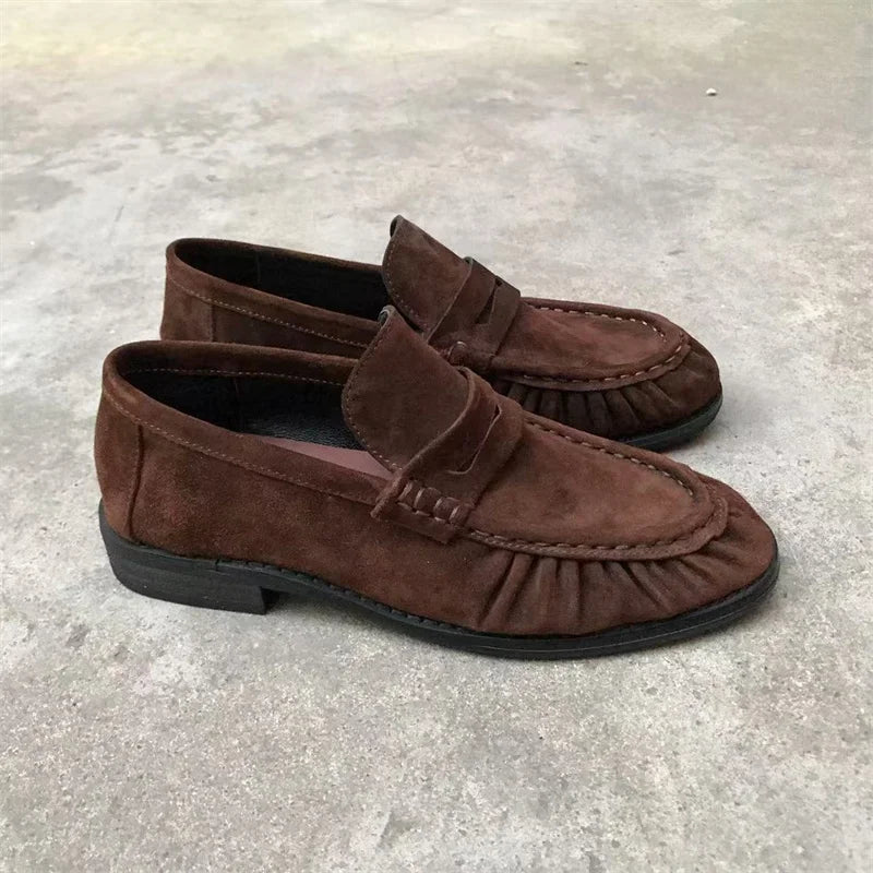 Round-toed loafers for women with pleated low heels Retro Brown Ladies Shoes Woman Fashion Brand Designer Shoes for Women