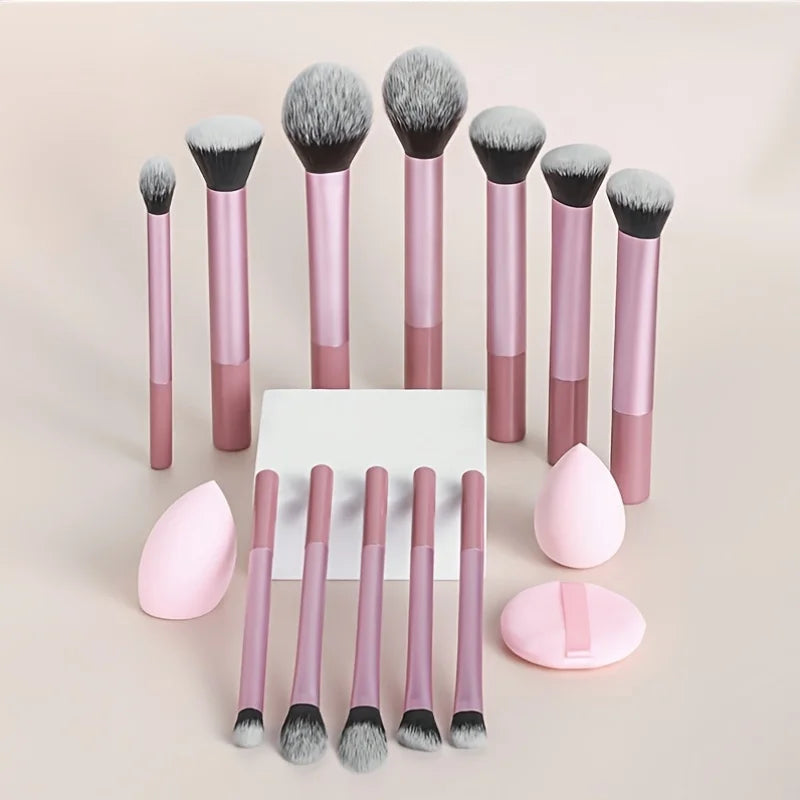 12Pcs Pink Makeup Brushes Set with 2 Beauty Sponges & Powder Puff, Soft Synthetic Hair Cosmetic Brush for Foundation Blush Eyesh