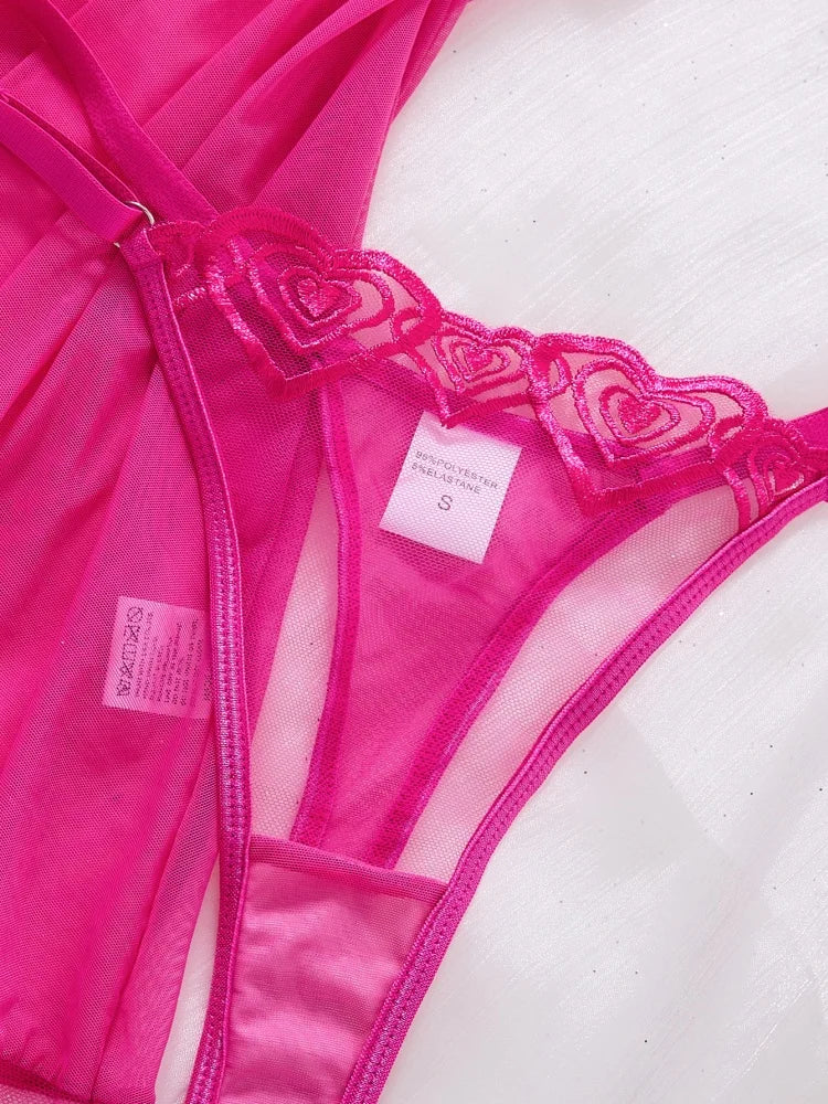 Woman Night Dress Rose Red Tulle Sexy Nightwear Summer Sleeveless Pajamas Heart Embroidered Sleepwear V-Neck Slip Nightgown